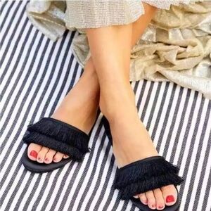 Birdies The Sparrow Black Fringe Slide Sandals